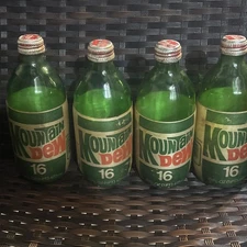 4 Vintage Mountain Dew 16oz Empty Bottles with Lids Collectible