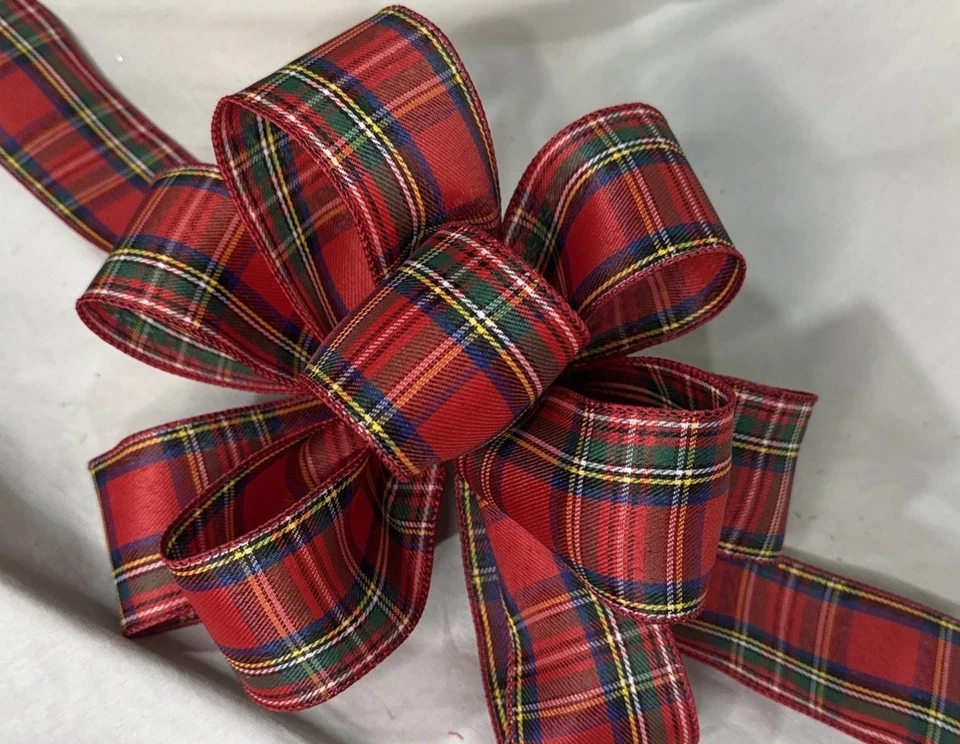 Set Of 6 Large Christmas Bows Plaid Fabric Ribbon Wired 10” 9 Loops 10” Tails - Image 3 of 4