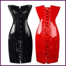 Women Steampunk PVC Corset Dress PU Leather Overbust Bustier Waist Tranier