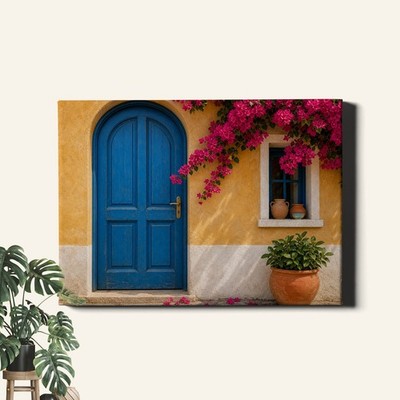 Vibrant blue door Mediterranean scene Poster Print charming sunlit street view