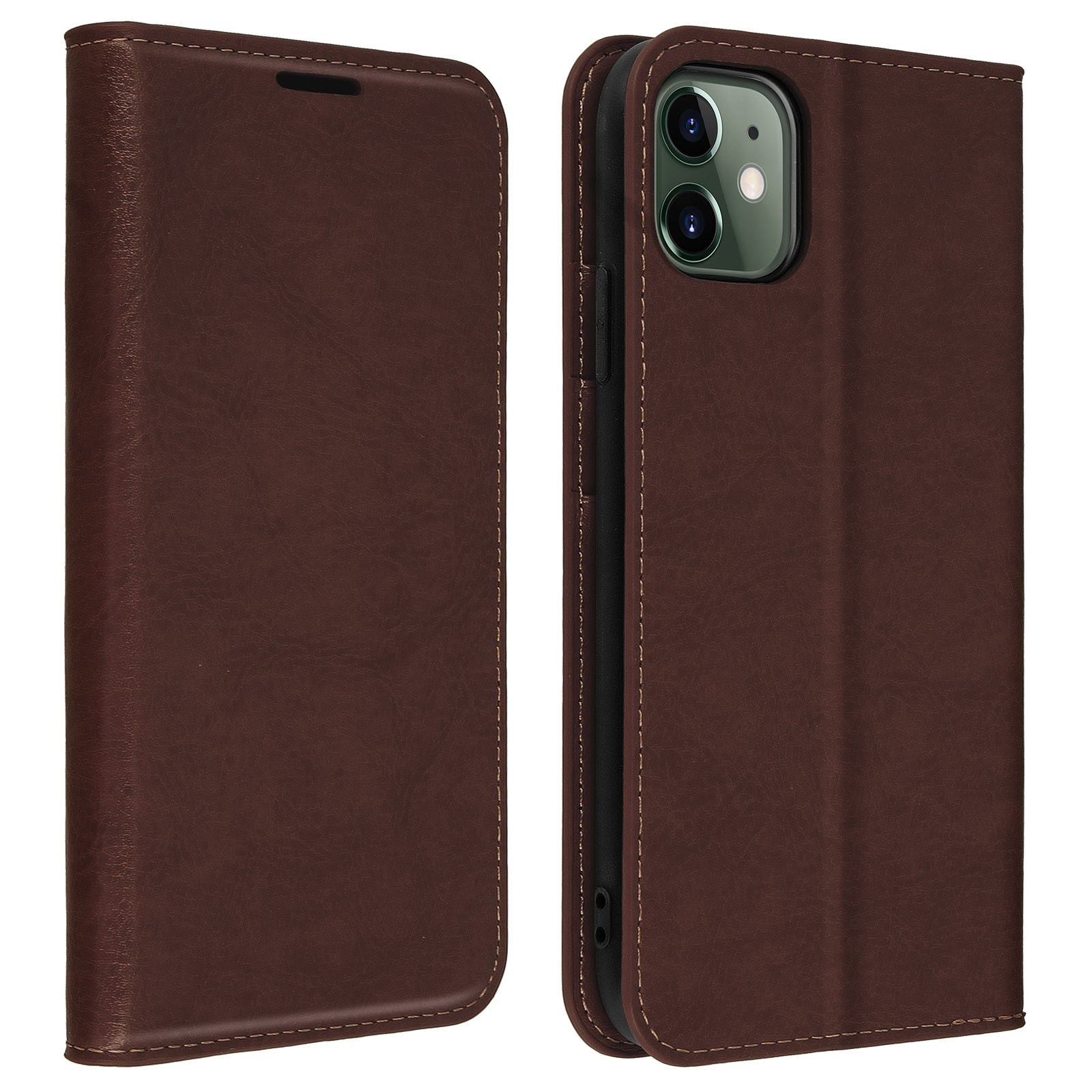 Étui iPhone 11 cuir véritable avec support vidéo et fentes cartes marron