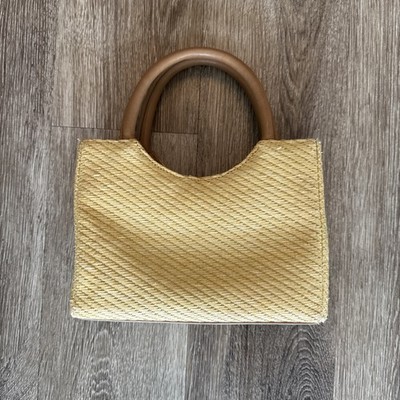 Marlo Rattan And Faux Leather Vintage Tiny Mini Box Purse Tan