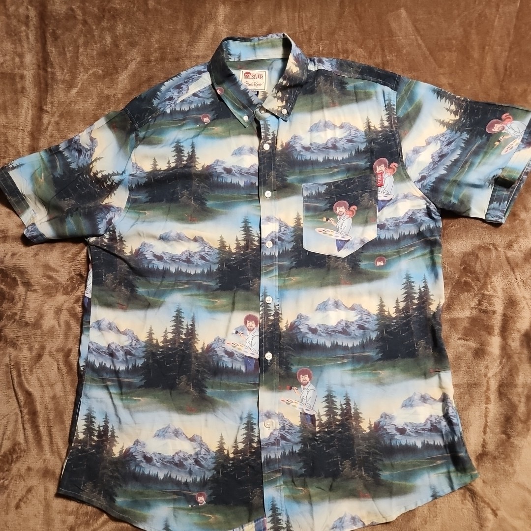 Bob Ross Happy Little Trees Forest Short Sleeve Shirt for Men in Size XL – Rayon Material  