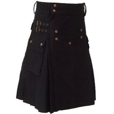 Men's Scottish Black Cotton Utility Kilt: Handmade Tactical Cargo pockets Hybrid