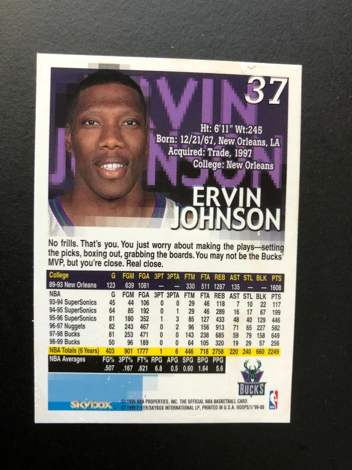 Bonita tarjeta Ervin Johnson Fleer/SkyBox 1999 # 37 hecha en EE. UU. Foto 4 de 4