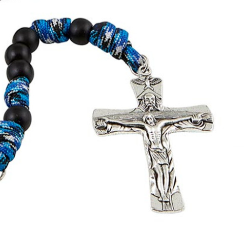 Collier Paracord Fait Main Avec Crucifix - 40 Cm - Bleu Ciel Et Jaune