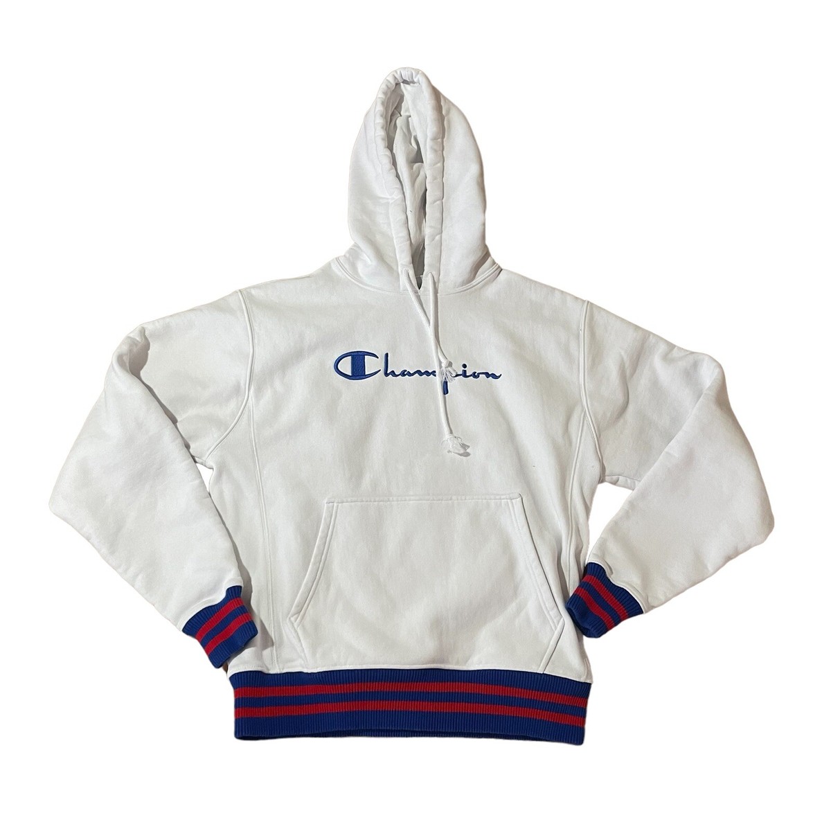 Vintage Champion Reverse Weave Red White Blue Spellout Hoodie