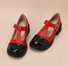 Women Round Toe Mary Janes Shoes Comfort T-Strap Buckle Pumps Block Heels Loafer
