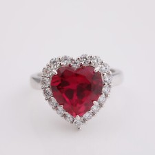 Excellent Heart Shape Red Lab Created Ruby Halo Style Valentine Love Ring In 935