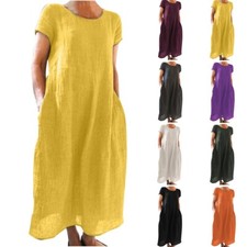 Ladies Summer Short Sleeve Linen Cotton Long Loose Dresses Kaftan Sun Dress 8-22