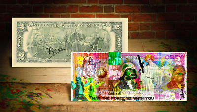 STAR WARS VII The Force Awakens Genuine US $2 Bill Hand-Signed Pop Art by RENCY