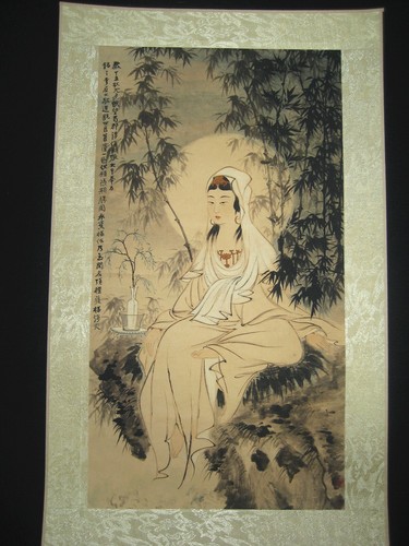 Antigua pintura china pergamino sobre Guan Yin en papel de arroz de Zhang Daqian - Imagen 2 de 9