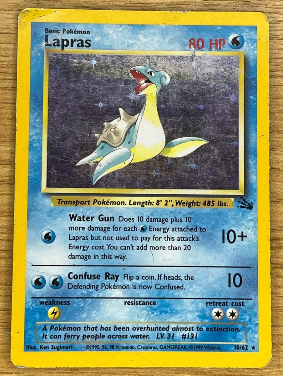 original lapras pokemon card 2 1999 Holographic Weakness Lightning 2 Retreat Cost Lapras 10/62 Rare Vintage HOLO