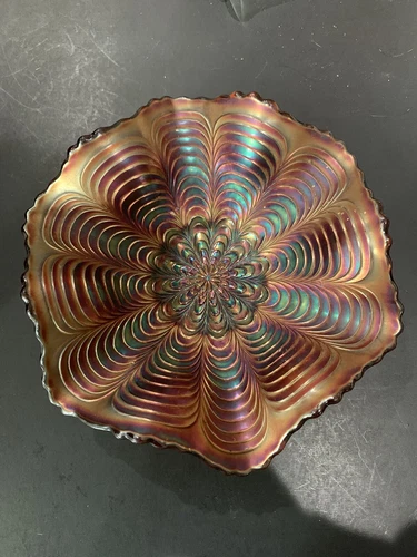 Vintage Fenton Carnival Glass Amethyst "Peacock Tail" Ruffled Candy Bowl