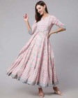Indian Women Pink Leaf Print Flared Cotton Kurta Kurti Dress Top Tunic Pakistani