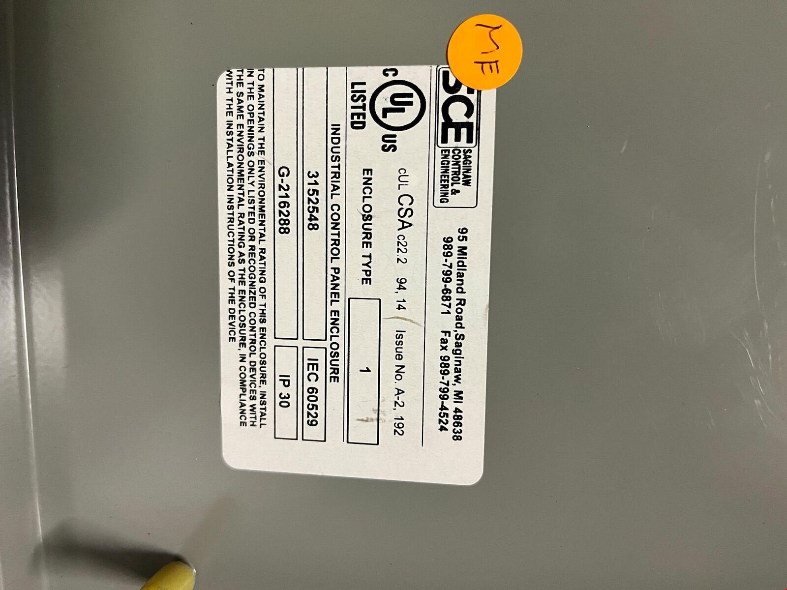 SAGINAW CONTROL & ENGINEERING 3152548 G-216288 INDUSTRIAL CONTROL PANEL ENCLOSUR