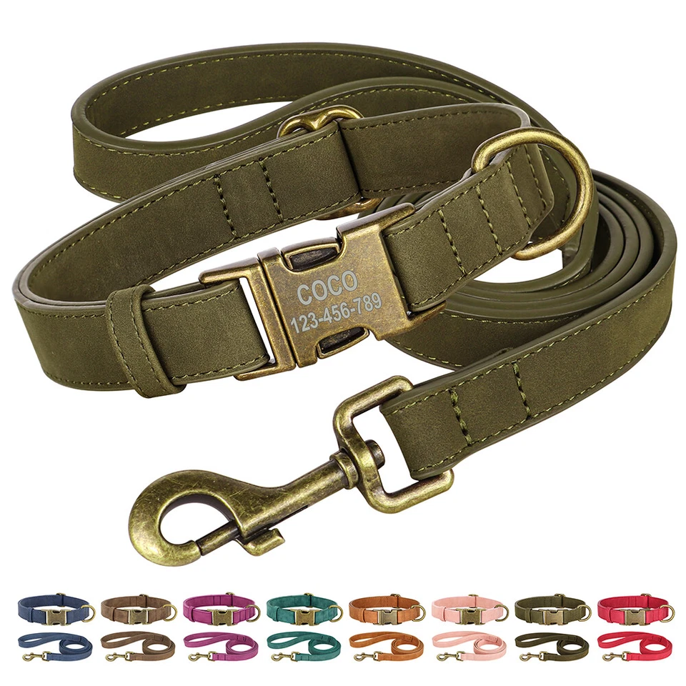 Personalized PU Leather Dog Collar and Leash set Brass Buckle Name ID Engraved - Image 4 of 4