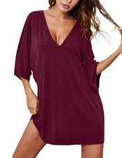 Ekouaer Womens Oversized V Neck Sleepshirt Nightgown, Wine Red, XX-Large