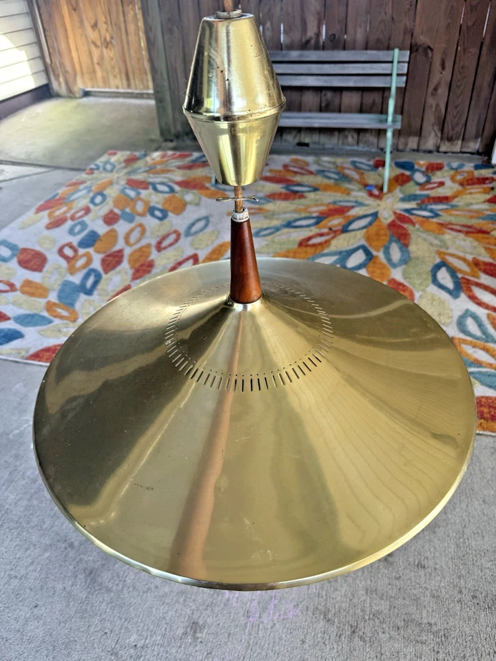 Mid-Century Retractable Saucer Brass Lamp w/ Frosted Glass | Vintage 1950s - Image 2 of 4