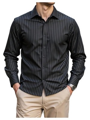 Men's Striped Button Down Dress Shirt Long Sleeve Collar Office Work Tops Bla...