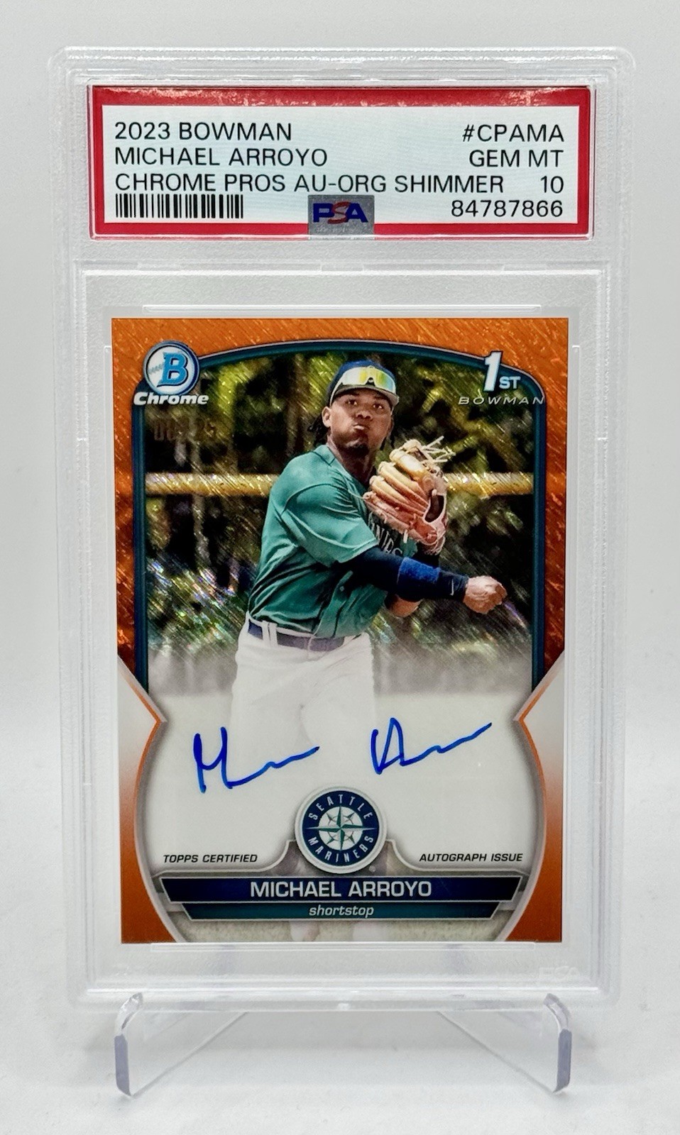PSA 10 Michael Arroyo 2023 Bowman Chrome 1st Auto Orange Shimmer Refractor /25