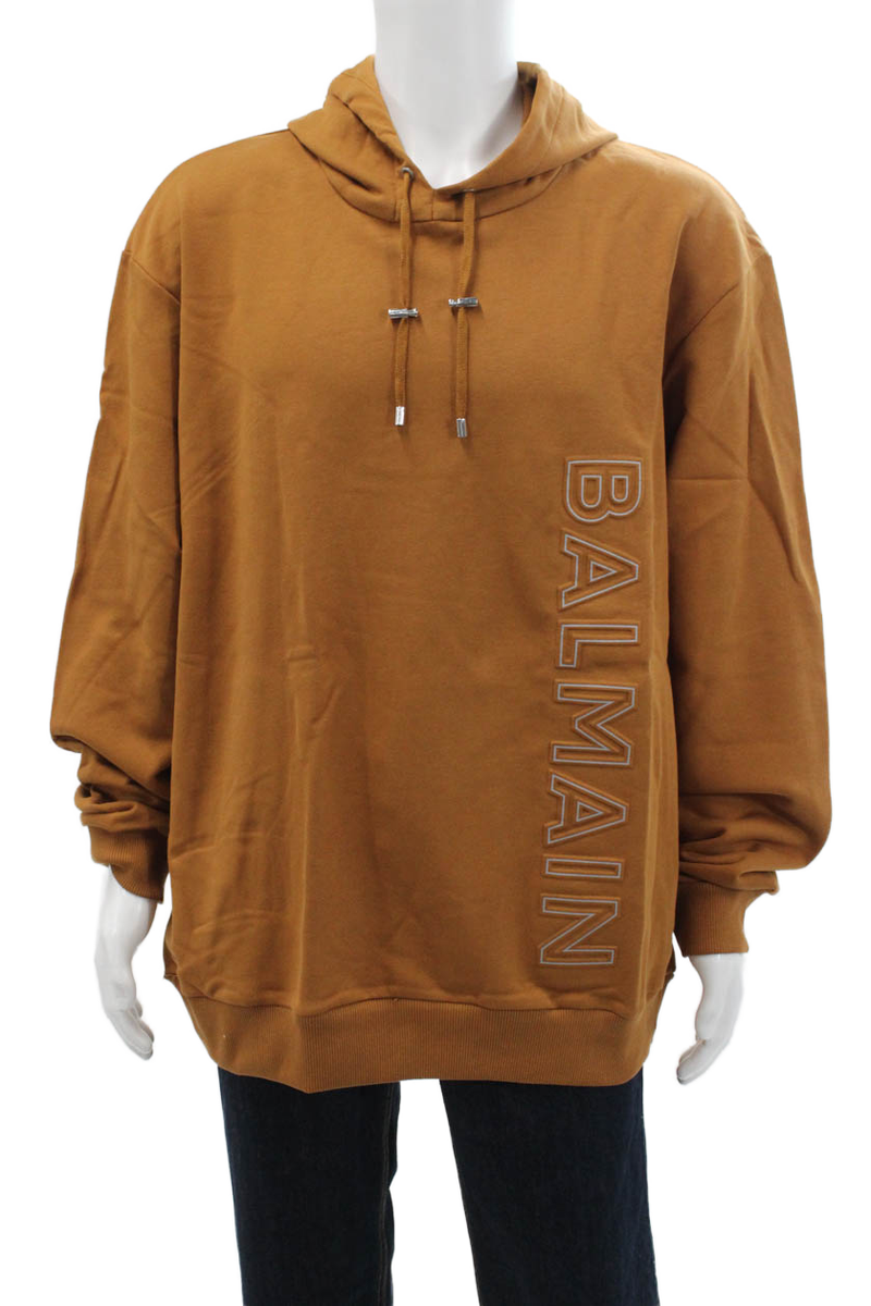 Balmain Mens Cotton Long Sleeve Graphic Pullover Hoodie Brown Size