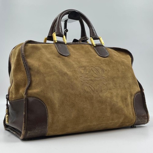 LOEWE Amazona Boston Bag Brown Suede Leather Large Capacity Authentic