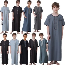 Kids Boys Embroidered Short Sleeve Thobe Jubba Islamic Abaya Robe Saudi Style