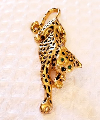 Vtg Leopard Cat Green Crystal Eyes Shoulder Brooch Gold Metal Tone, Black Enamel
