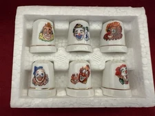 (6) Porcelain Thimble Clowns Faces - Happy Circus Clown-Collectible Thimbles-New