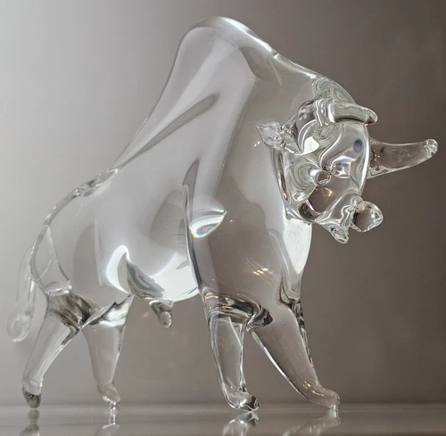 Vintage Murano Style Statue Heavy Glass Large Bull Crystal Clear 12" Display MCM