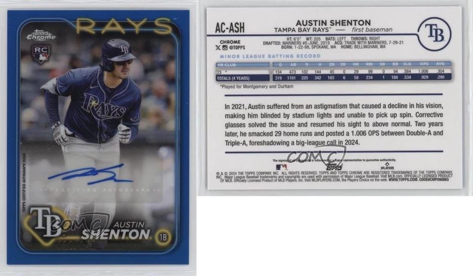 2024 Topps Chrome Update Blue Refractor 12/150 Austin Shenton Rookie Auto RC - Image 3 of 3