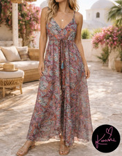 Made In India Boho Paisley Maxi Dress Size 12 V Neck Tie Waist Summer Unbranded