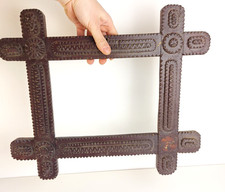 Vintage Tramp Art Frame, Carved wood, 1900s Hungary - opening: 11