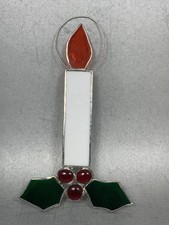 Stained Glass Christmas Candle  Holly Suncatcher Window 7" Homemade Vintage