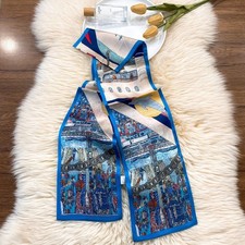 6"X57"Blue Cruise Print Pure Mulberry Satin Silk two Layers Long Scarf 15x145cm