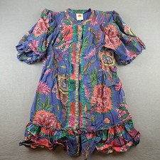 FARM RIO Sunset Tapestry Mini Dress Blue Puff Sleeve Size XL Women's Pockets