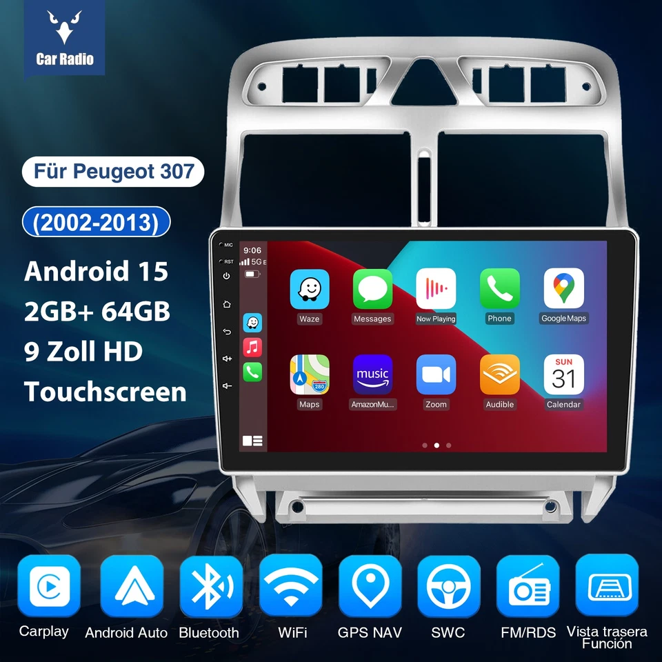 DAB+ Android15 64G Carplay Autoradio Für Peugeot 307 CC SW 2002-2013 GPS Nav KAM - Bild 3 von 4