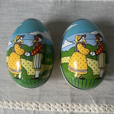 (2) Midwest Imports Easter Egg Tin Candy Container Chicken Couple Dressed 1985