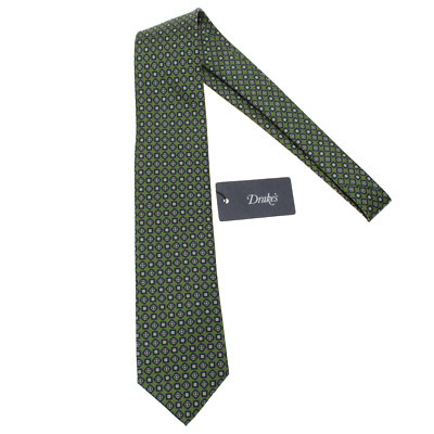 Drake's NWT Neck Tie in Green with Blue/Yellow/White Geometric Pattern 100% Silk