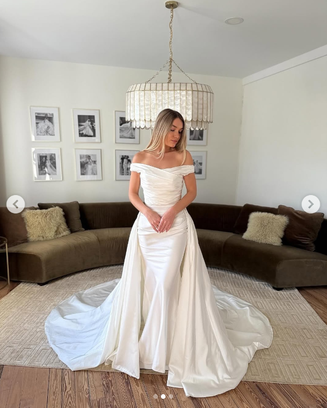 off the shoulder mermaid wedding dress with detachable train Unique Off the Shoulder Sparkly Mermaid Wedding Dress with Detachable Train QW2670 US12 / White