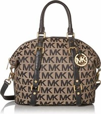 NEW MICHAEL KORS BEDFORD BEIGE BLACK CANVAS,GOLD,BELT,SATCHEL BAG,CROSSBODY