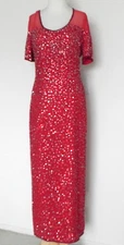 Vtg Land Mark Sequin Dress Maxi Red 100% Silk Short Sleeve Size M