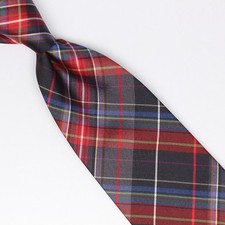 John G Hardy Mens Silk Necktie Gray Red Blue Plaid Weave Woven Tie Made in Italy