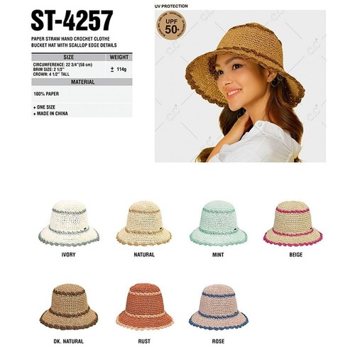 CC PAPER STRAW HAND CROCHET CLOTHE BUCKET HAT WITH SCALLOP EDGE DETAILS IVORY - Picture 2 of 7