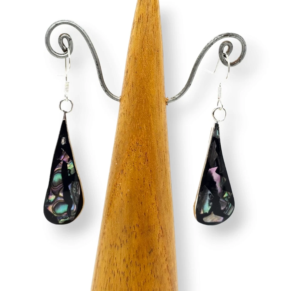 Mexican Abalone Shell Inlay Mosaic Earrings – Silver Plated Teardrop Dangle Foto 4 de 4