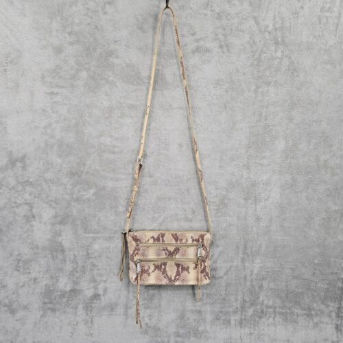 HOBO Mission Snakeskin Crossbody Bag Cream Brown Textured Leather Zippers Edgy