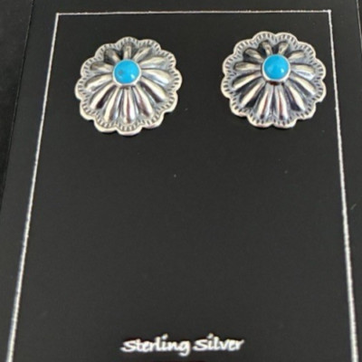Navajo Sterling Silver Turquoise Fluted Concho  Post Earrings