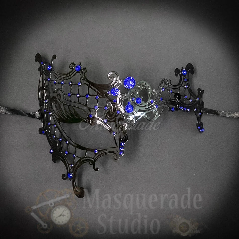 Womens Black Metal Phantom Laser-Cut Masquerade Prom Mask [Blue Rhinestones] - Image 2 of 4
