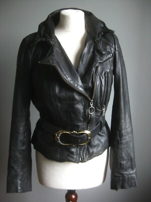 MUUBAA LEATHER JACKET 10 distressed black belt bomber soft goat DISTRESSED